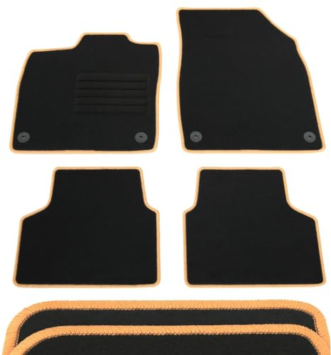 AD Tuning Textil Fußmatten für VW ID.3 (10/2020-) & Cupra Born (11/2021-) | 4-teilig, 100 % passgenau, Textil, Schwarz, orange Randkettelung, mit Druckknopf Befestigung vorne