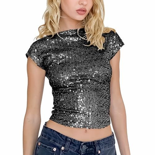 MLKLDOU Damen-Tanktop mit Glitzer-Pailletten, rückenfrei, schimmernd, Camisole Top, kurzes, modisches schmales T-Shirt für Damen und Mädchen