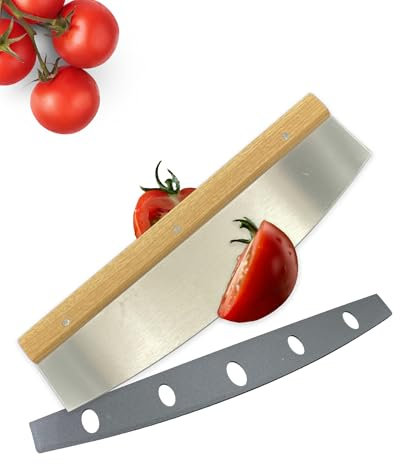 Waldis Pizza Wiegemesser “Firenze” - Pizza Wiegemesser - Hochwertiger Eichenholzgriff - Edelstahlklinge mit extra stabiler Stahlstärke & Klingenschutz