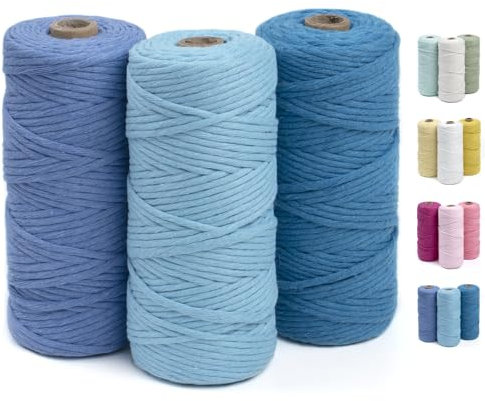 CAMAL 3PC Baumwollgarn, Makramee Garn 3mm makramee-garn 100m Makramee Set Baumwolle zum Häkeln wird Makramee Blumenampel, Wandbehang, DIY Handwerk Pflanze (D: Seeblau, Himmelblau, Dunstblau)