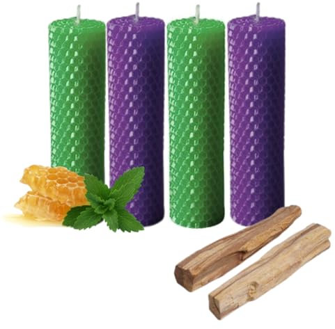 ME HECHIZAS TU® Ritual Mágico Encontrar Trabajo y Tener Buena Suerte | Velas de Miel 100% NATURAL Cera Pura de Abeja - El Pack contiene (4 Velas - 13,7cm x 2,80cm aprox.) + 2 Palo Santo