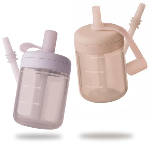 Moonkie Borraccia con Cannuccia, Bicchiere Antigoccia Bambini Silicone, Bicchiere con Cannuccia, Tazza con Cannuccia senza BPA, per Lavastoviglie, 6 Mesi+, 150ml (Lilla morbido/Blush)