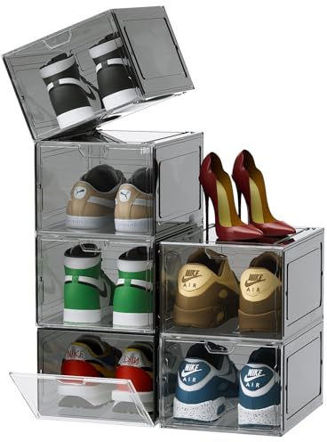 Schuhboxen Organizer-Transparent Schuhaufbewahrung für Sneakers und Turnschuhe,Schuhboxen Stapelbar,Kunststoffbox mit durchsichtiger Tür, 33.5 x25 x18cm, für Schuhe bis Größe 46, Schwarz(6Pcs)