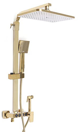 Duschsystem, Messing Duschset Verstellbare mit 22.9 X 22.9cm Regendusche & Handbrause & Einhebelmischer Duscharmatur, Gold Duschgarnitur 4 Strahlarten