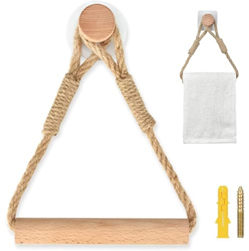 Toilettenpapierhalter 0hne Bohren, Vintage Seil Toilettenpapier, Vintage Klopapierhalter aus Seil und Holz, Multifunktionshalter für Handtücher, Rustikale Badezimmer Deko im Industrie-Stil