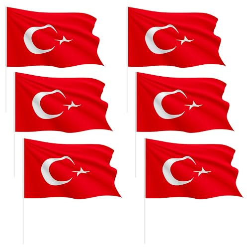 Taffstyle 6 stycken stavflaggor, set 30 cm x 45 cm med 60 cm plaststång, flagga, handflagga, fotboll, EM WM, landsflagga, fanartiklar, landsflagga, fest, dekoration, turkos, Bayrak Turkiet