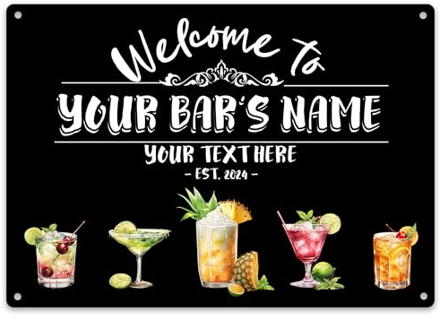 Personalised Welcome Bar Metal Sign Custom Est Year Cocktails Beer Wine Pub Garden Plaque, Small, White