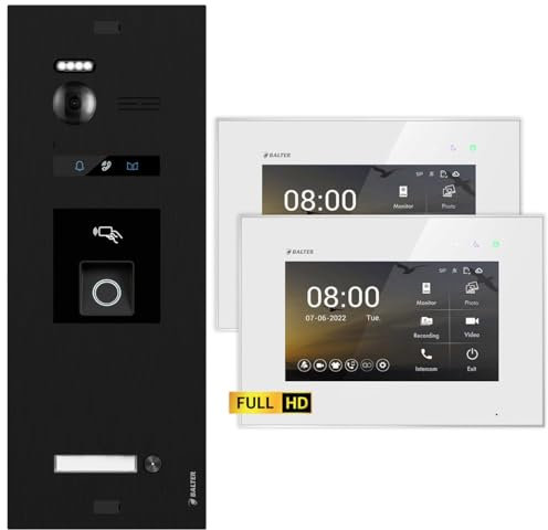 Nonic Balter EVO HD Schwarz/Weiß Video Türsprechanlage mit Fingerprint Set für 1 Familienhaus (1x Türstation mit Full HD-Kamera, 2X 7 Zoll Monitor, 2-Draht Bus, RFID, 175° Weitwinkel)