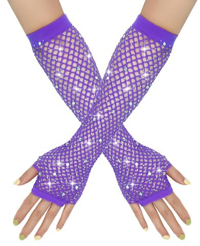 BrightGlow Netzhandschuhe Damen Lang Fischnetz Fingerlose Handschuhe Strass Mode Lang Netz Mesh Handschuhe Abendhandschuhe Opernhandschuhe für 80er Jahre Kostümparty Zubehör Lila Einheitsgröße
