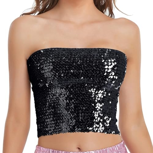 Glittriga paljetter party klubb tub toppar axelbandslös sexig bandau topp glitter semester gå ut toppar, Svart, one size