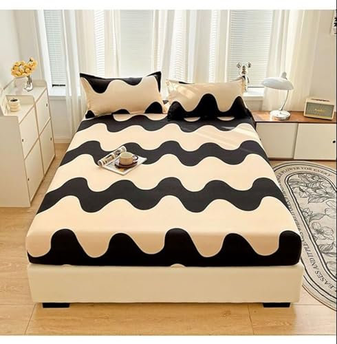 Boxspringbett 200x220cm Spannbetttuch Beige Schwarz mit 2 Stück Kissenbezug, Bettlaken Spannleintuch mit Wellenmuster Printed Matratzenhöhe 5-25cm