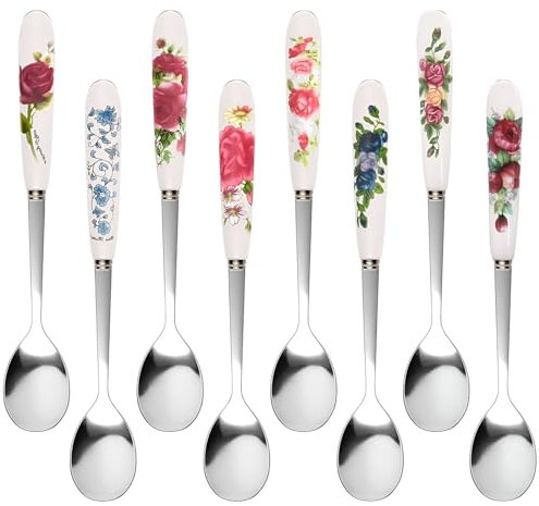 Kaffeelöffel aus Edelstahl,Forreen 8 Stück Tafellöffel Keramikgriff Teelöffel Schöne Blumen Drucken Porzellan Löffel Set für Dessert Eisbecher Lattes Kaffee