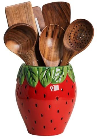 Bicuzat Strawberry Shaped Ceramic Kitchen Utensil Holder, Large Cooking Utensil Crocks for Kitchen Countertop, Ceramic Utensil Organizer for Spatula, Kitchen, Home Decoration-Retro Red