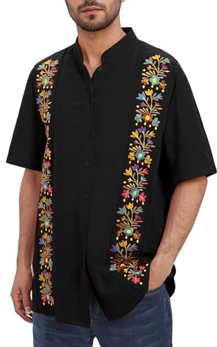 Traditional Mexican Shirts for Men Fiesta Guayabera Shirts for Men Short Sleeve Cinco De Mayo Outfit Button Down Embroidered Shirts Camisa Guayabera para Hombre Summer Dress Shirts Black L
