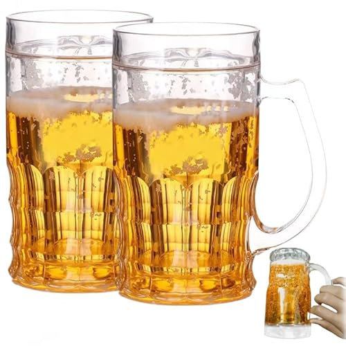 kychenBase 2 st falska ölkoppar – 450 ml dubbla lager falsk ölmugg med handtag, plastskämt ölsejdel för bar, hem och festdekor, hållbar och rolig skämtgåva för drycker och coola sommarvibbar