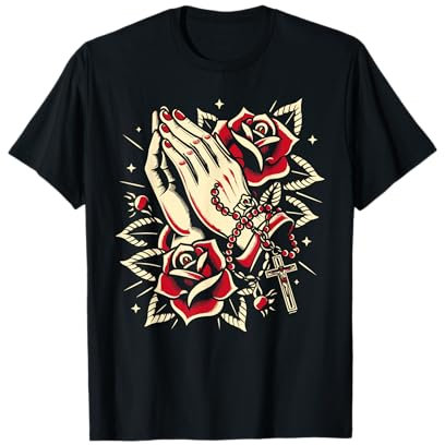 Rosenkranz mit betenden Händen, traditionelles Tattoo-Design T-Shirt