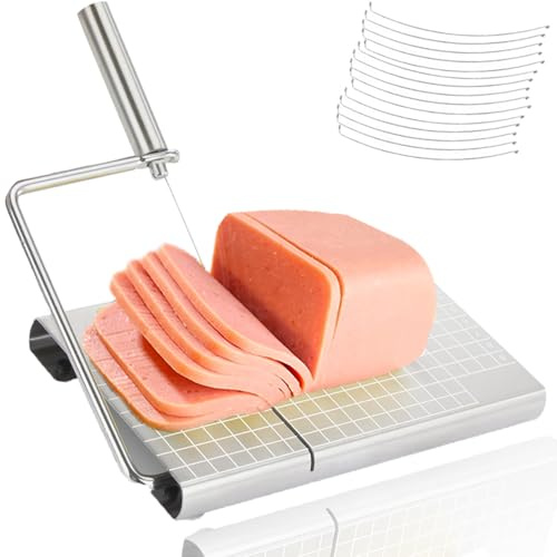 JILFR Cheese Slicer with 16 Replacement Wires, Stainless Steel Cheese Cutter Board with Precision Scale for Cutting Cheese Butter Ham Beet Boiled Eggs, Silver