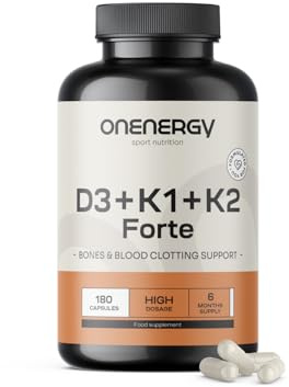 OnEnergy Vitamine D3 + K1 + K2 FORTE - 180 Capsule Vegetali - Supporto per ossa, muscoli e sistema immunitario - Sinergia di Vitamine - Supporto per la coagulazione del sangue - Fornitura per 6 Mesi