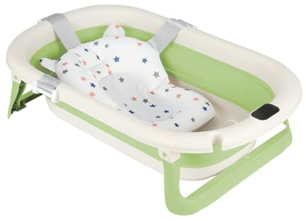 Baignoire Bébé avec Capteur de Température Numérique, Baignoire Bebe Pliable Support Ergonomique, Drainage Rapide, (Vert(Avec tapis de bain))