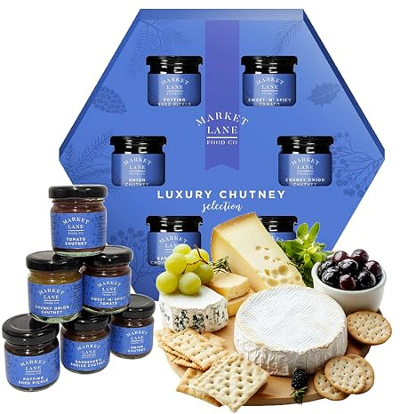 Selection of Savoury Chutneys Gift Set - Box of Mini Jars 6 x 35g Onion, Pickle, Spicy Tomato Chutney for Cheese. Great for Cheese Hampers, Food Gifts for Men, Birthday Gifts