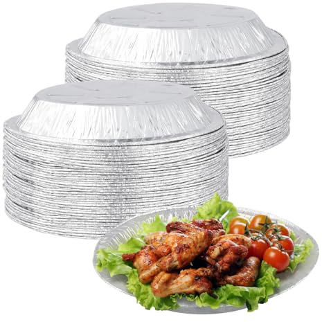 CHIHEUNG 60PCS Tin Foil Trays, 9 Inch Foil Pie Dishes, Round Aluminium Foil Tray for Cakes, Pies, Air Fryer Cooking