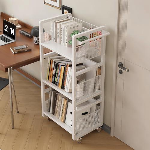 Ornestia Book Trolley with 3 Magnetic bookends, Mobile Bookshelf Organiser with Lockable Wheels, Book Storage Cart, Rolling Bookcase for Library & Living Room Office and School,White