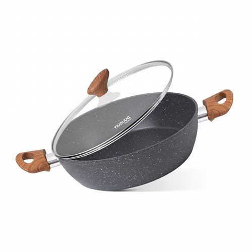 nuovva Non Stick Cooking Pots with Glass Lid – 3.1 Quart Induction Hob Stock Pot – Kitchen Shallow Casserole Cookware – 26cm, Marble