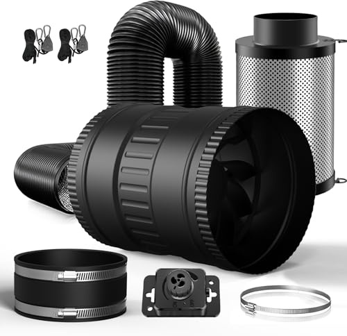 Brogachy Juego de ventilación, 150 mm ventilador de tubo, con regulador de velocidad, filtro de carbón activo, manguera de aire, manguito de goma, sistema de ventilación para armario de cultivo