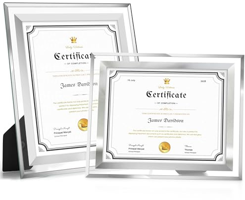 Fisnish 8.5x11 Certificate Frame, Glass Frames 8.5 by 11 for Tabletop, Clear Mirror Photo Frames, Silver, 2 Pack