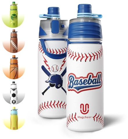 magcheer Insulated Baseball Water Bottle with Spray Mist 3D Textured Metal Spray Water Bottles for Kids Back to School Supplies Incredible Baseball Gifts for Boys & Girls 600ml