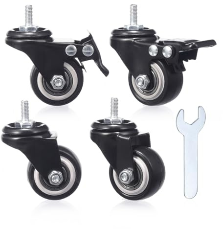 BLUE HANDCART 1.5 inch Caster Wheels, Casters Set of 4 Heavy Duty Threaded Stem Caster Wheel, M6 x 15mm PU No Noise Swivel Castors with 360 Degree Rotation, (Two with Brake)