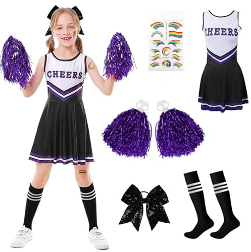 Hengrongshen Cheerleader Kostüm Kinder, Cheerleading Kostüm Mädchen mit Kleid, Pompoms, Socken, Schleife Haarnadel & Sticker, Faschingskostüme Kinder Cheerleader für Karneval Halloween