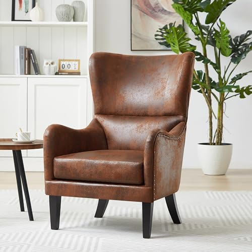 Christopher Knight Home Elber Mid-Century Modern Wingback Accent Chair, Faux Suede Upholstered Club Chair with Cushion, Wooden Living Room Lounge Chair for Reading, Relaxation, Brown