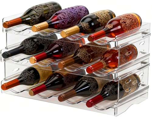 qjuwhua Flaschenregal Kühlschrank Stapelbarer 3 Tier 12 Flaschen Organizer Schrank Weinregal Weinflaschenhalter Kunststoff Flaschenhalter Küche Flaschenaufbewahrung für Schrank Küchenarbeitsplatte