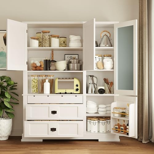 VilroCaz 78'' Tall Freestanding Kitchen Pantry with Hutch, Wooden Large Kitchen Storage Cabinet Cupboard with Drawers, Door Shelf and Adjustable Shelves for Dining Room Entryway (White-11.10)