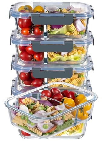 MFY 5 Packungen mit 36-Unzen-glasbehälter mit deckel, frischhaltedosen mit deckel, Meal Prep Boxen Glas mit 2 Fächern, Spülmaschinen- Mikrowellen, Grau