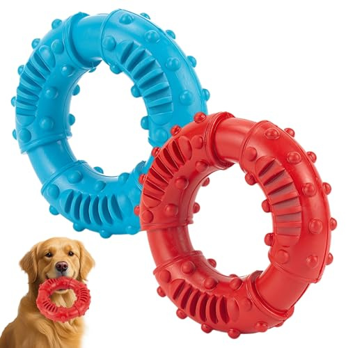 Rbleote 2 Stück Kauspielzeug Hund, Beißring Hund, Unzerstörbares Hundespielzeug, Kauspielzeug für Ring, Aus Naturkautschuk, 13 cm Durchmesser, für Kleine, Mittlere und Große Hunde (Rot und Blau)