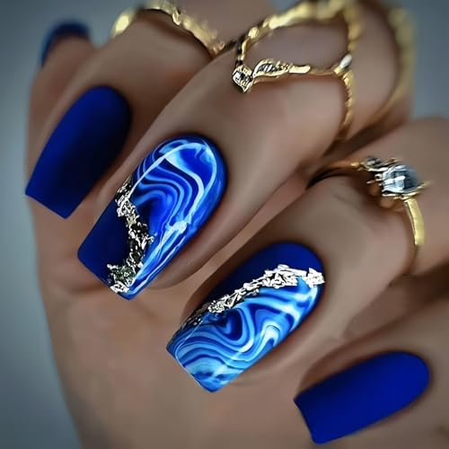 24 Stück Nägel zum Aufkleben Mittel Eckig, Blaue Künstliche Nägel zum Aufkleben mit Gold Streifen Design, French Press on Nails, Full Cover Kunstnägel, Acryl Falsche Nägel für Mädchen DIY Maniküre