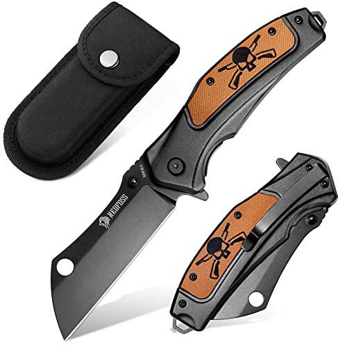 NedFoss MIEBA Klappmesser Outdoor, 8.5CM D2 Stahl Taschenmesser mit Cleaver-Klinge, Einhandmesser mit Scheide & totenkopf motiv, Outdoor Messer mit Clip, Survival Jagdmesser für Sammlung & Geschenke