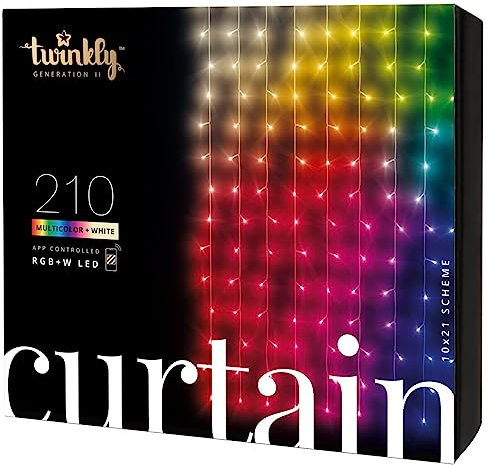 Twinkly Curtain 210 LED RGB+Blanco, Cadena de luces LED para interior y exterior, luces inteligentes, RGB y blanco, compatible con Alexa, Google Home, IP44, control de aplicación, cable transparente,