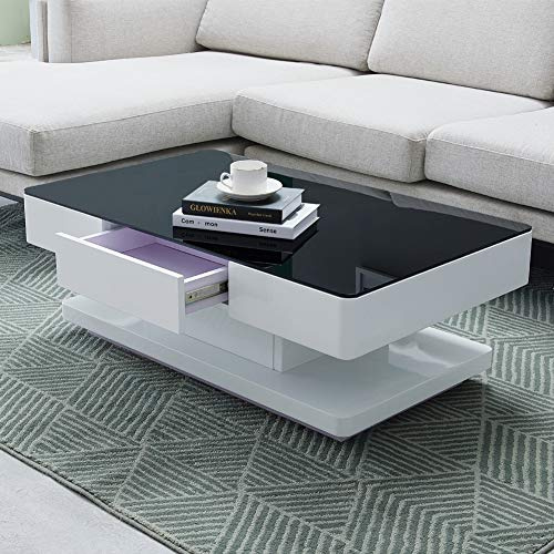 TUKAILAi Hochglanz-Couchtisch für Wohnzimmer, Couchtisch mit 2 Schubladen, schwarze Tischplatte aus gehärtetem Glas, rechteckig, Sofa, Beistelltisch für Home Office