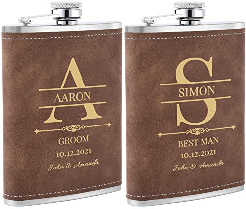 2 Stück Flachmann mit Gravur, Edelstahl Hip Flask Personalisiert mit Eigenem Text für Trauzeugen Geschenk, Personalisierte Geschenke für Junggesellenabschied und Hochzeit (Braun)