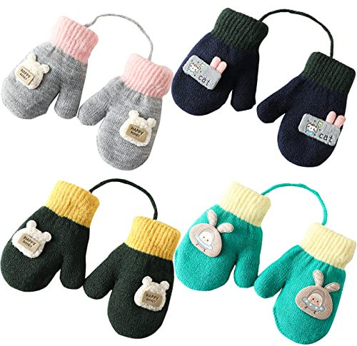 Moufle Bebe, Moufle Bebe Naissance 1-2ans Gants, Gants Bebe Hiver Tricoté Chaud, 4 Paires Gants Et Moufles BéBé GarçOn Fille Avec Corde, Gants Enfant Hiver Doux Confortable Mitaines (B)
