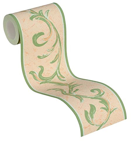 Mediterrane Tapeten Bordüre in Beige und Grün | Küchen Bordüre mit Ornament | Barock Tapetenbordüre aus Papier und Vinyl im Vintage Stil