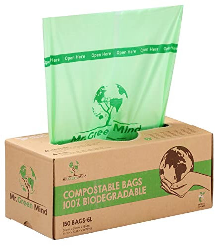 Mr. Green Mind Biobeutel 6 Liter, 150 Stück biologisch abbaubare Abfallbeutel – 35 x 36 cm – 100% kompostierbare Abfallbeutel – Inkl. Spender – Bioabfallbeutel