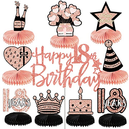 SPOKKI 10 Pcs 18th Birthday Decorations, Rose Gold, Happy Birthday Cake Topper, Honeycomb Table Centerpieces, Table Decorations