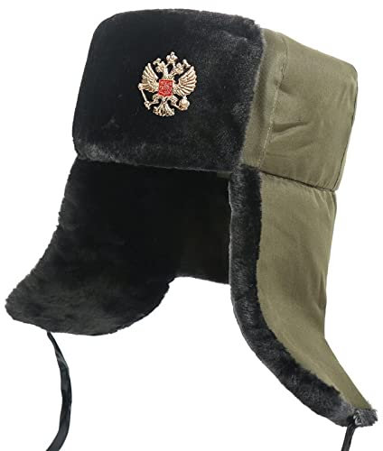 DEPAJA Russische Mütze Uschanka-Mütze Für Herren Mit Ohrenklappen, Damen-Wintermütze, Warme Bomber-Kunstpelz-Russische Mützen Für Damen, Ski-Schnee-Hüte, EIN Adler-Abzeichen, Einheitsgröße