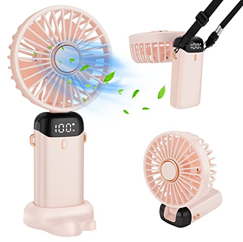 WARMFIT Handheld Fan, Portable 5000mAh USB Rechargeable Fans with 5 Speeds, Electric Powered Mini Fan with LED Display, Foldable Desk Desktop Fans for Outdoor Office Bedroom Travel Camping - Pink