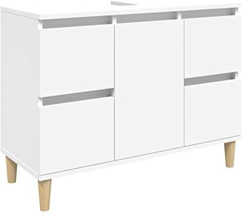 vidaXL Waschbeckenunterschrank, Badschrank mit 4 Schubladen 1 Fach, Waschtisch Unterschrank mit Holzbeinen Tür, Schrank Badunterschrank Badmöbel, Weiß Holzwerkstoff