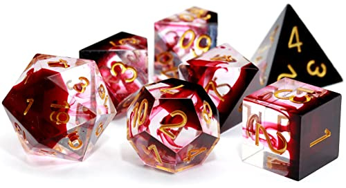 Haxtec Sharp Edge DND Würfel Set Red Blood Swirls Harz Würfel D&D Würfel für RPG Rollenspiel Spiele Dungeons und Drachen Geschenk | Rot-blutrotes Devil Soul Würfel mit Metal Box, 7-teilig für TTRPG, D&D & Rollenspiele, Geschenk für Spieler & Dungeon Master